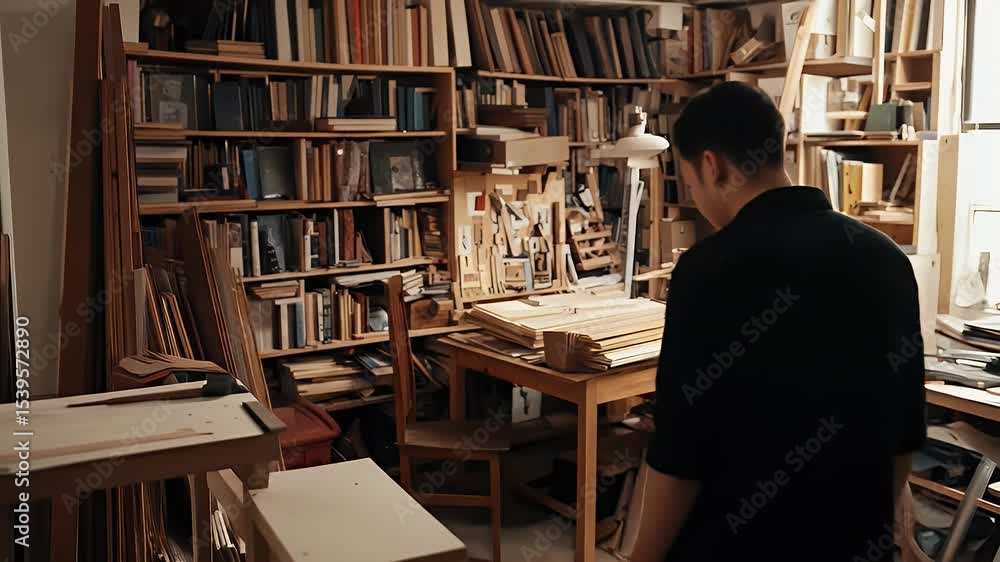 Man in Black Shirt Standing in Cluttered Workshop with Books Shelves and Wooden Objects in Warm Lighting and Old Fashioned Design Man in Black Shirt Standing in Cluttered Workshop with Books Shelves and Wooden Objects in Warm Lighting and Old Fashioned Design