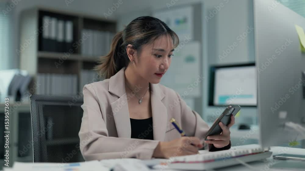 Young professional asian businesswoman working on notebook and smartphone while sitting at desk in modern, well organized office environment, focusing on business tasks and communication Young professional asian businesswoman working on notebook and smartphone while sitting at desk in modern, well organized office environment, focusing on business tasks and communication