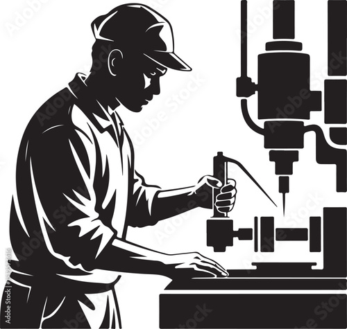 silhouette of male worker using machine tool in industrial factory representing precision work, manufacturing, and craftsmanship