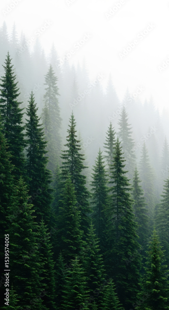 Misty Green Coniferous Forest Tall Trees Foggy Landscape Misty Green Coniferous Forest Tall Trees Foggy Landscape