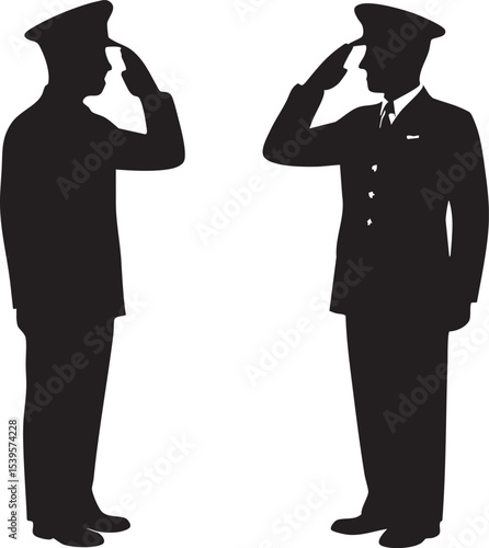 Two Silhouetted Soldiers Saluting with Formal Dress.