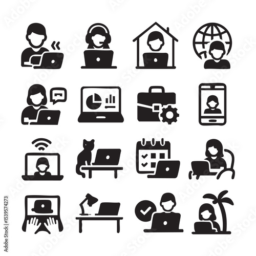 Black and white icons depicting remote work including people laptops and symbols.