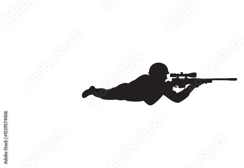 Silhouette of a soldier aiming a rifle with a scope prone position.