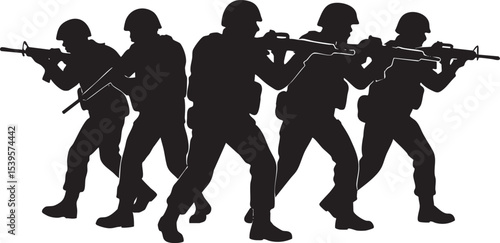 Silhouetted Soldiers in Tactical Formation Armed and Ready.