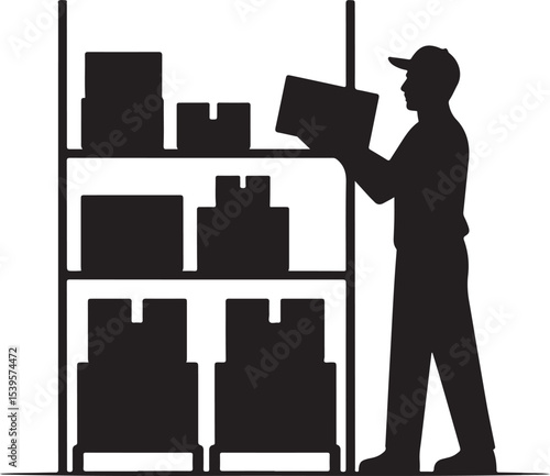 Warehouse Worker Silhouette Stockroom Action Set of Staff Handling Boxes on Shelves Vector Clipart