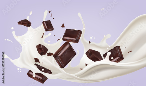 Milk liquid with Chocolate splashing isolated on solid color background. Realistic vector in 3D elements. Food and Drink concepts.