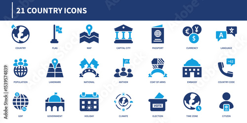 Country icon collection featuring globe, flag, map, landmark, passport, embassy, monument, language, population, election, and law in modern solid blue style