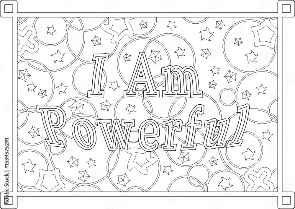 I AM Powerful Affirmation Coloring Page Line Art, Black and white line art coloring page featuring the positive affirmation 'I AM Powerful' in decorative text, surrounded by a pattern of circles and I AM Powerful Affirmation Coloring Page Line Art, Black and white line art coloring page featuring the positive affirmation 'I AM Powerful' in decorative text, surrounded by a pattern of circles and