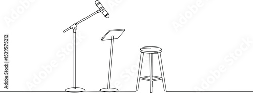 Empty stage with microphone stand, music sheet holder, and stool, minimalist line art, concert preparation, performance setup, studio equipment, singer scene, black and white vector illustration.