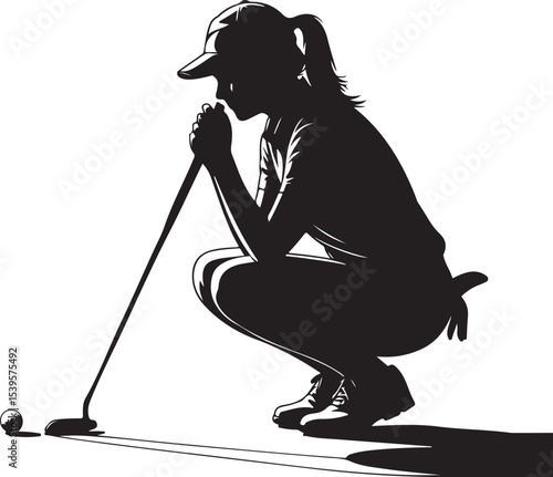  silhouette of woman golfer squatting down to read putting line on green representing focus analysis and competitive spirit