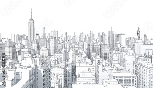 Detailed line drawing of a city skyline