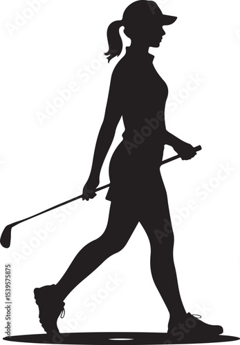 silhouette of confident female golfer walking across course holding club showing style sport and athletic composure