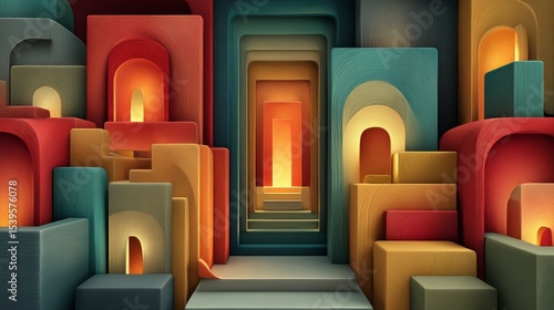 A minimalistic room filled with various colored boxes creating a unique artistic space that encourages creativity and modern design aesthetic for contemporary living