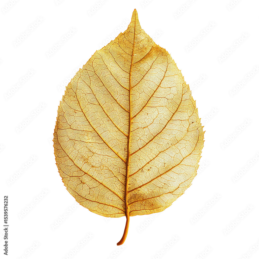 Fototapeta premium Golden Leaf with Intricate Veins and Metallic Finish isolated on transparent white background, clipping path
