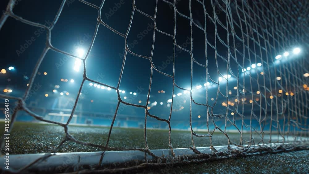 Looking through soccer goal net at empty Stadium at night with field lights shining bright