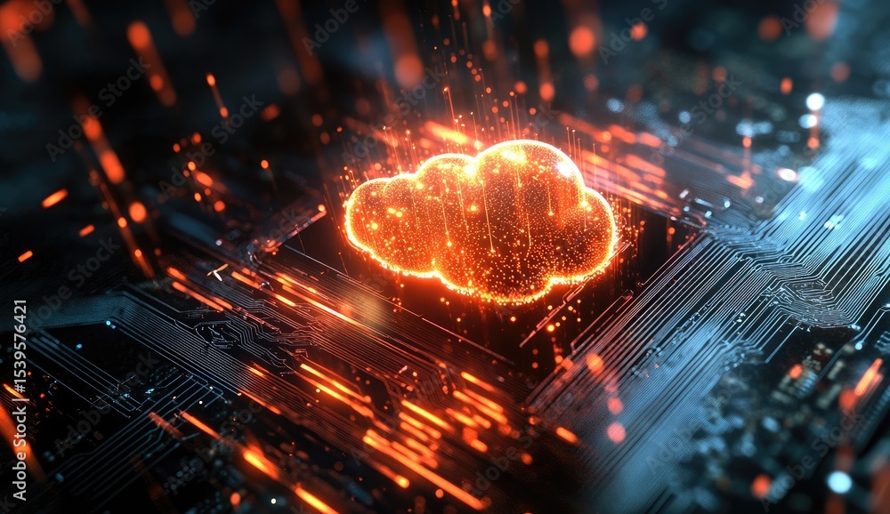 Fiery cloud icon on a glowing circuit board Fiery cloud icon on a glowing circuit board