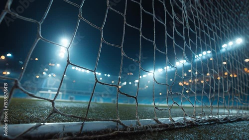 Looking through soccer goal net at empty Stadium at night with field lights shining bright