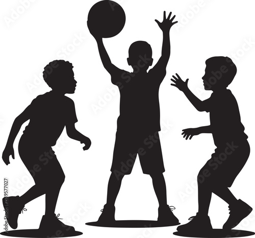 group of kids playing basketball in energetic pose silhouette showing teamwork sport and fun childhood moments