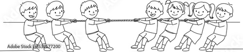 One line drawing of happy children playing tug of war, teamwork game, childhood fun, outdoor activity, friendship, competition, kids group sketch, joyful learning illustration.