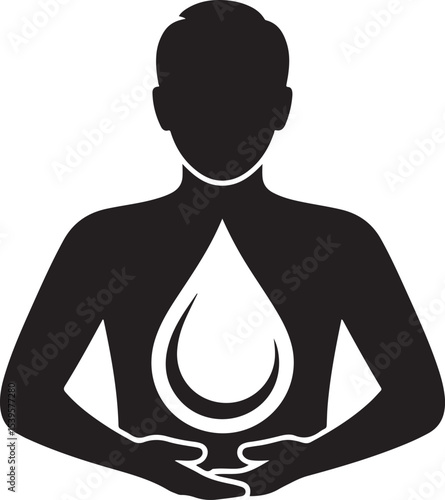silhouette of person with large water drop symbol at chest representing purity hydration and environmental awareness