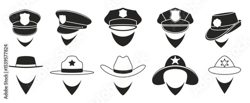 Black police hat flat icons set featuring realistic police officer headgear with badges part of uniform elements from law and justice system isolated on transparent background for web and mobile apps
