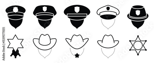 Black police hat flat icons set featuring realistic police officer headgear with badges part of uniform elements from law and justice system isolated on transparent background for web and mobile apps
