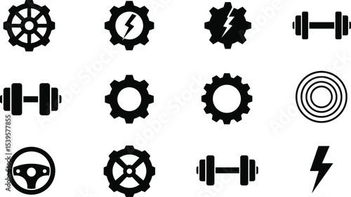 Vector gym gear icons, fitness dumbbells, electric bolt symbol, mechanical wheel design, training tools, strong power elements, black silhouettes
