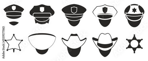 Black police hat flat icons set featuring realistic police officer headgear with badges part of uniform elements from law and justice system isolated on transparent background for web and mobile apps
