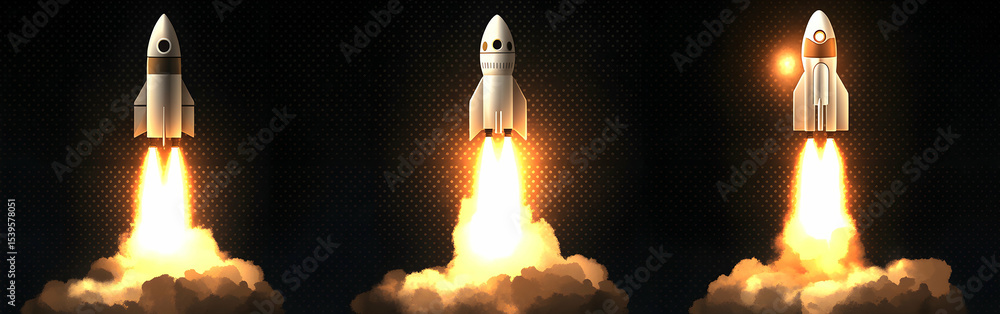 Obraz premium Three rockets launching into space