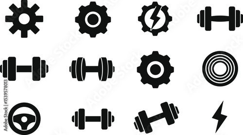 Gym gear icons, dumbbells, gear wheels, lightning bolt, steering wheel, strength symbol, power training, vector silhouette, fitness tools pack