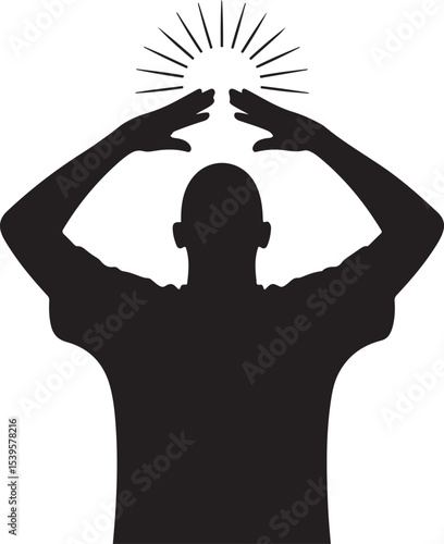 silhouette of man raising hands toward light representing enlightenment meditation knowledge and spiritual awakening