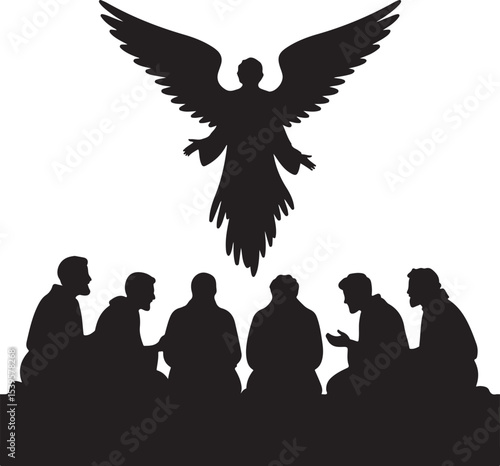 divine angel descending over worshippers in silhouette showing heavenly vision faith protection and spiritual gathering