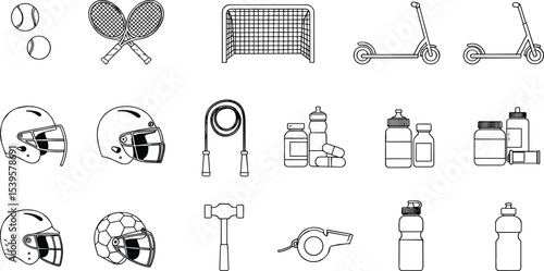 Collection of sports equipment icons, helmet, tennis racket, scooter, water bottle, vitamins, whistle, jump rope, goalpost, vector illustration