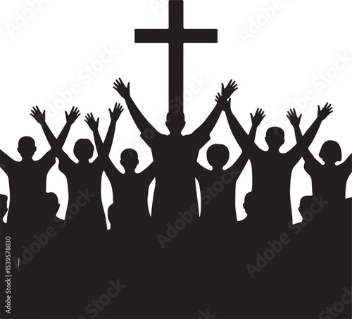 silhouette group of people raising hands in praise with cross symbol representing faith unity and religious celebration