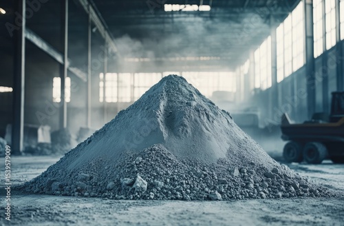 Grey powder pile in large industrial hall