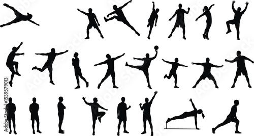 Silhouette of athletes performing various sports, fitness poses, jumping, stretching, running, yoga, training, workout movement, vector illustration icons