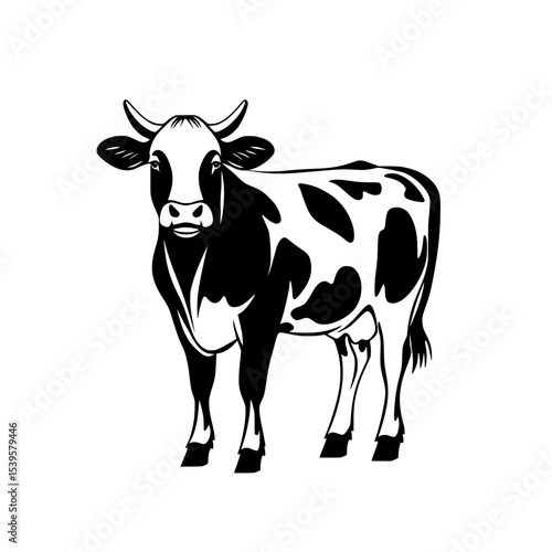Black and white cow illustration facing forward, Stylized vector drawing of a dairy cow with black spots, standing and facing front, ideal for farm, milk, or agriculture themes.

