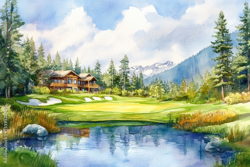 Fototapeta premium Watercolor golf course scene with log cabin