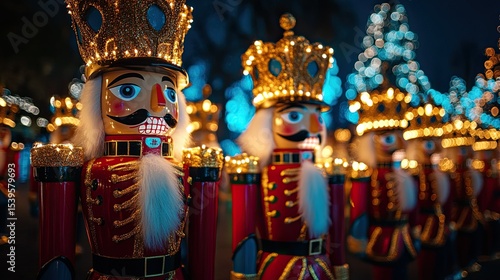 A line of festive nutcrackers with golden crowns under illuminated christmas lights at night time