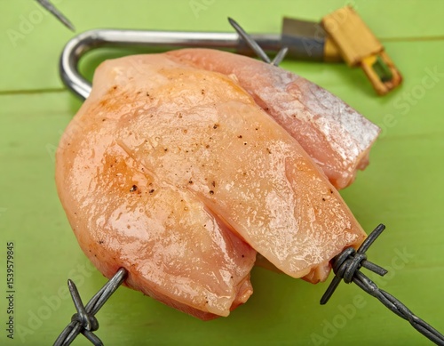 Two raw chicken breasts, secured with barbed wire skewers, on a lime green wooden surface. A padlock is visible in the background