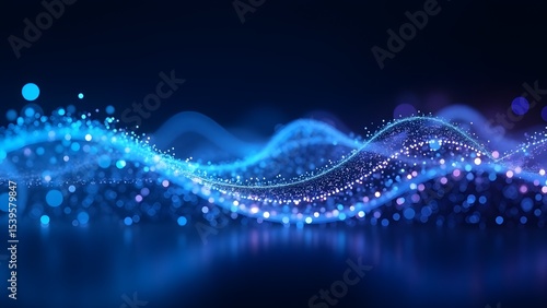 Immersive data wave of glowing particles and light trails flows upward in rhythmic digital network lines.
