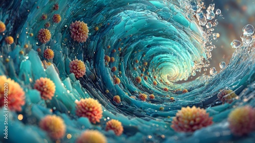 Striking blue wave intertwined with bright orange flowers creating a stunning contrast and visual delight representing the beauty of nature and artistic expression in a unique composition