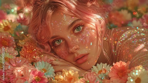 Serene image of a woman relaxing and laying in a bed of colorful flowers surrounded by nature's beauty symbolizing tranquility and peacefulness in a dreamy floral setting