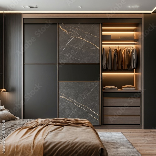 Modern walk-in closet with dark gray and marble panels, lit from within