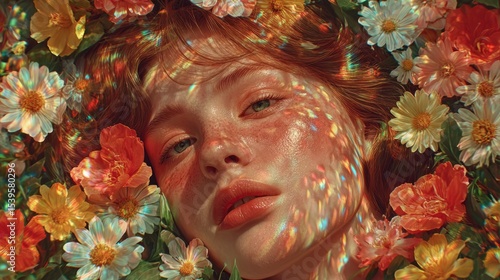 Enchanting scene of a girl surrounded by a lush array of vibrant flowers creating a dreamy atmosphere that embodies the beauty of nature and joyful youthfulness in a natural setting