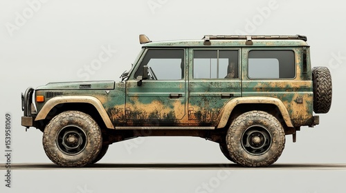 Side view of a green and tan camouflage off road vehicle with a spare tire on the back end