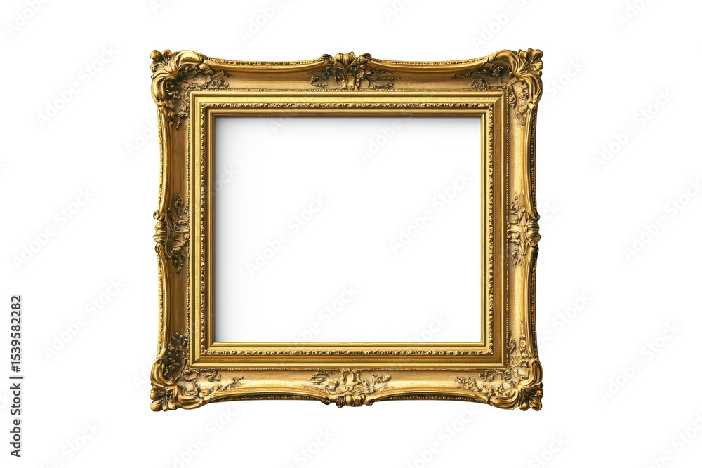 Elegant gold picture frame with intricate detailing isolated on a transparent background, perfect for showcasing artworks or memorable moments Elegant gold picture frame with intricate detailing isolated on a transparent background, perfect for showcasing artworks or memorable moments