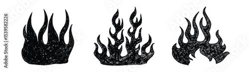 Crayon drawn red fire flames icons collection. Fire flame icon. Crayon vector logo. Hot fire on white background. Flame simple illustration. Graphic heat symbol. Burning vector symbols. Graffiti