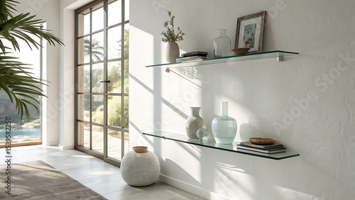 Wallpaper Mural Modern Interior with Glass Shelves Vases and Decorative Objects with Open View Decor Torontodigital.ca