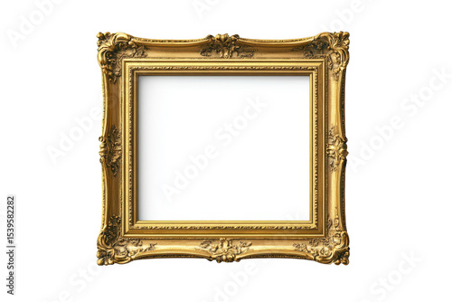 Elegant gold picture frame with intricate detailing isolated on a transparent background, perfect for showcasing artworks or memorable moments